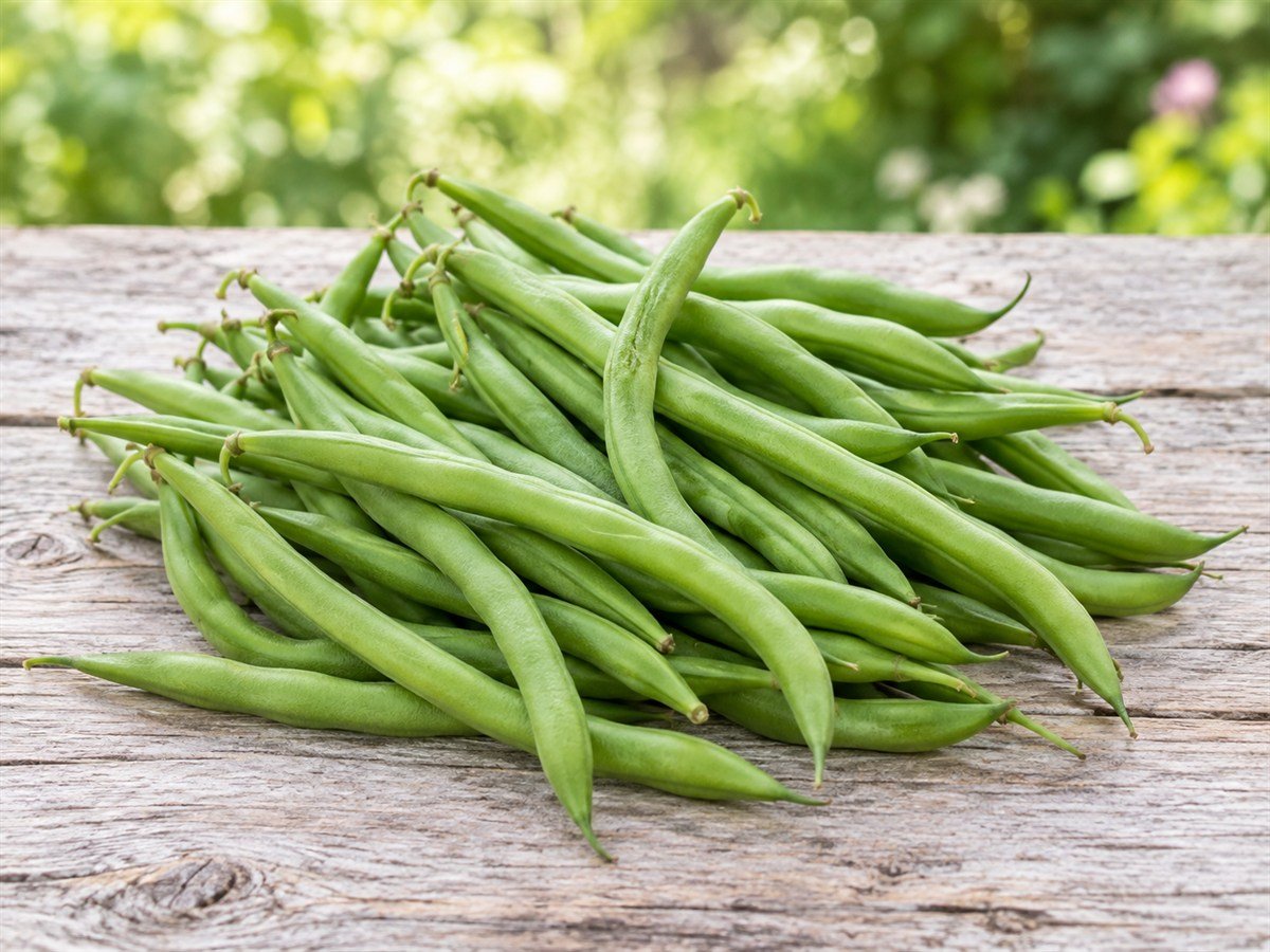 Fresh green pole beans in a loose harvest bundle
