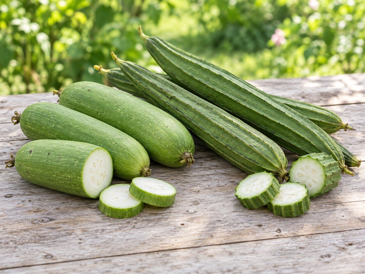 Young smooth and ridged loofah gourds with cut rounds