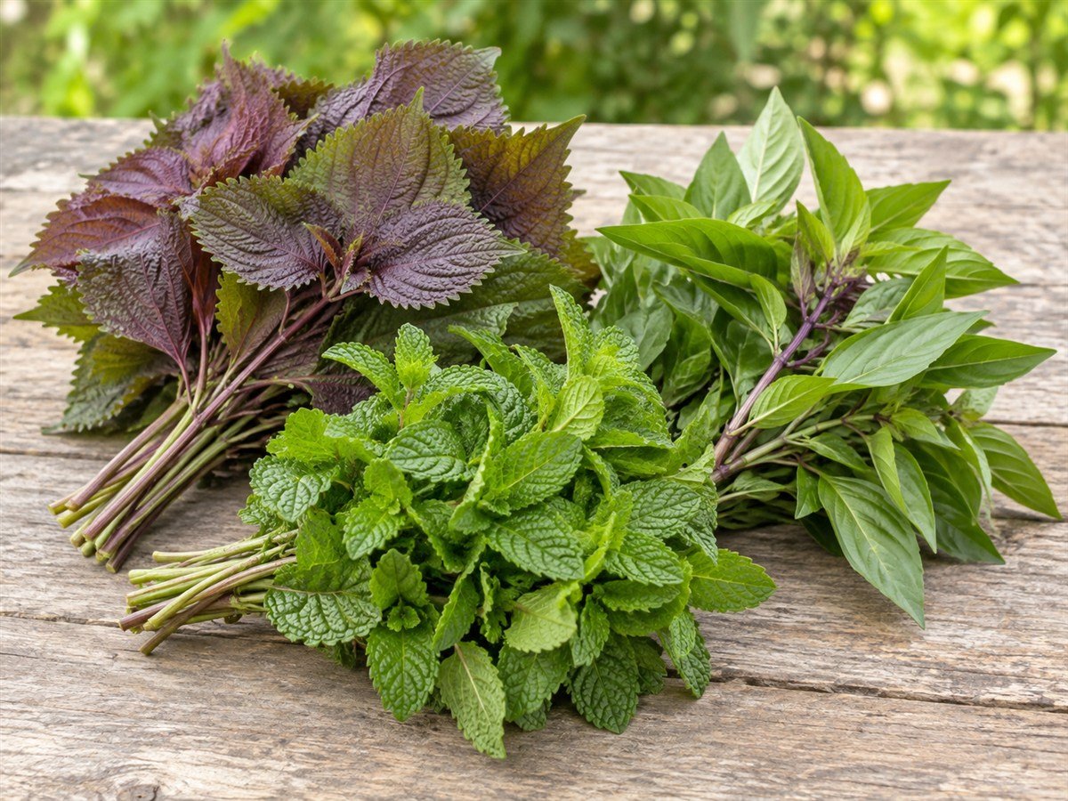 Freshly harvested aromatic herb leaves